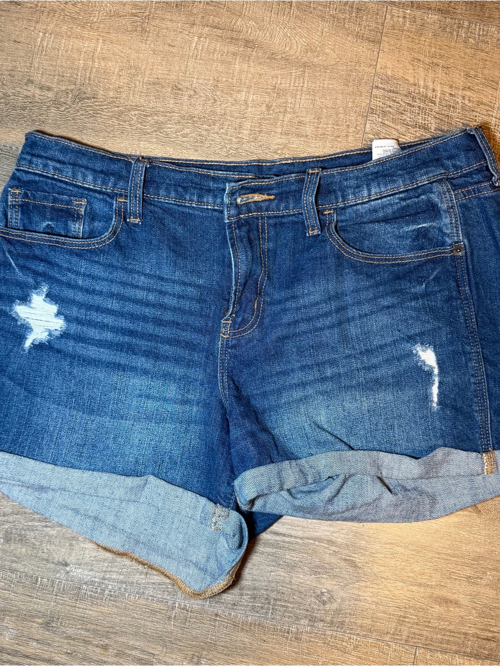 Old Navy Dark Blue Mid-Rise Distressed Roll-Cuff Jean Shorts